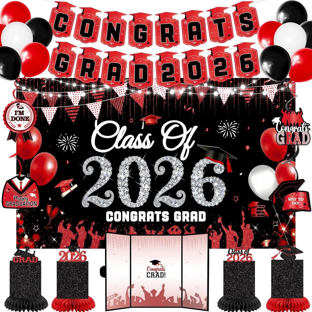 Red Black Graduation Decorations 2026: Class of 2026 Graduation Party Supplies for High School College Congrats Grad Banner Backdrop Signature Guest Book Photo Booth Decor