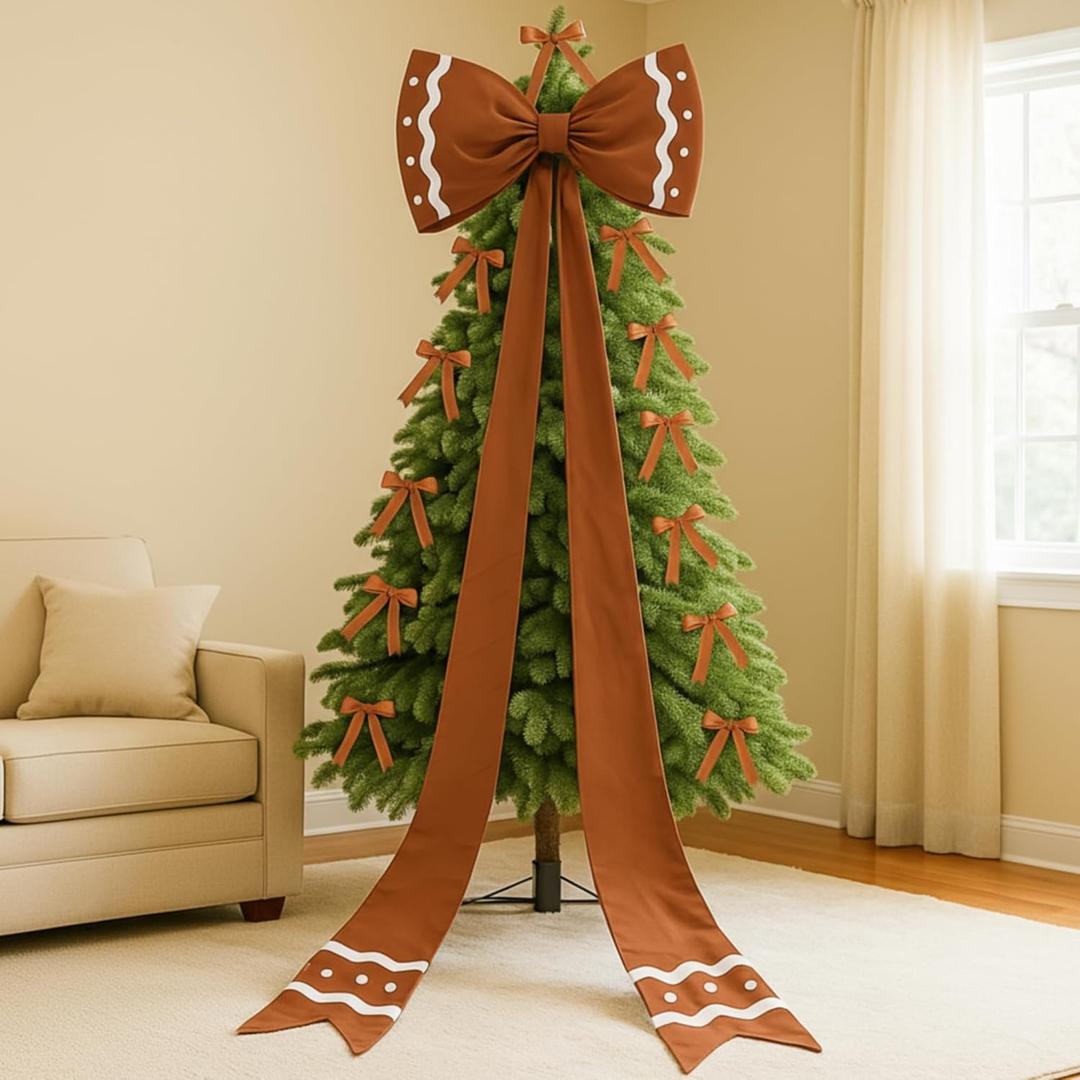 XunYee 13 Pcs Extra Large Christmas Tree Topper Bow Decoration - 32" x 118" Giant Satin Gingerbread Man Tree Topper Bow & Mini Ornaments for Home Winter Holiday Party Decor