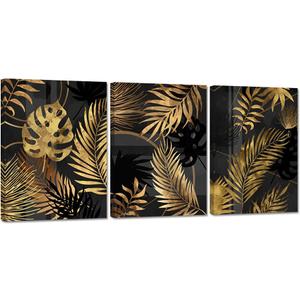 Zlove Black and Gold Bathroom Wall Art Modern Palm Leaves Picture Prints Tropical Botanical Canvas Artwork, 12"x16", 3Pcs