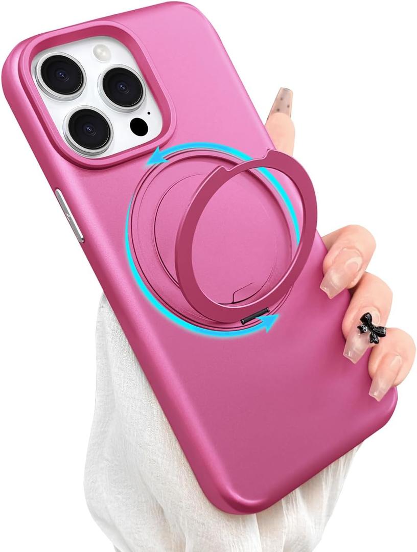 ankofave Magnetic for iPhone 14 Pro Max Phone Case with 360 Spin Stand, Matte Luxury Metallic Luster, 3.0 mm Thick Protection Hard PC Scratch-Resistant Case for iPhone 14 Pro Max 6.7", Rose Red