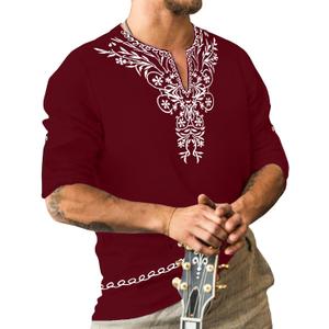JoZorro Men's Polyester Linen V Neck Henley Shirt Long Sleeve Caftan Handmade Tunic Embroidered Casual Beach T Shirts (X-Large)