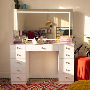 Boahaus Amelia Vanity Desk with LED Mirror Complete Makeup Station with 11 Drawers, Integrated Power & Built-in Speakers, 56.10" H X 46.46" W X 14.69" D