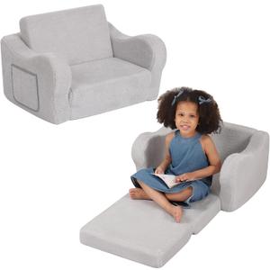 Comfy Toddler Chair, 2-in-1 Toddler Couch Fold Out, Convertible Sherpa Sofa to Lounger for Boys & Girls, Grey (Medium)