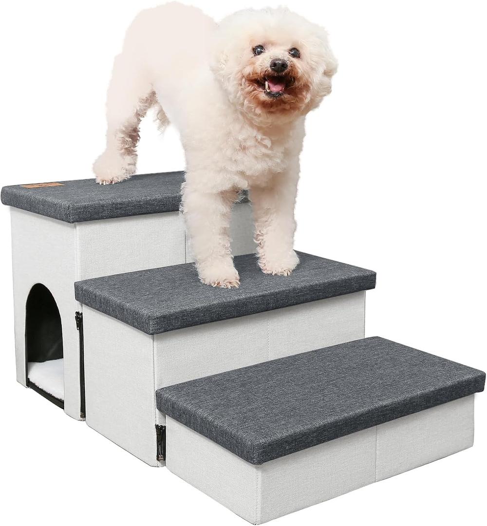 Dog Stairs for High Beds, Folding Pet Steps for Small Dogs and Cats with Storage and Condo, Non-Slip Dog Steps for Couch and Bed up to 22 inches(3 Steps, White-Dark Grey)