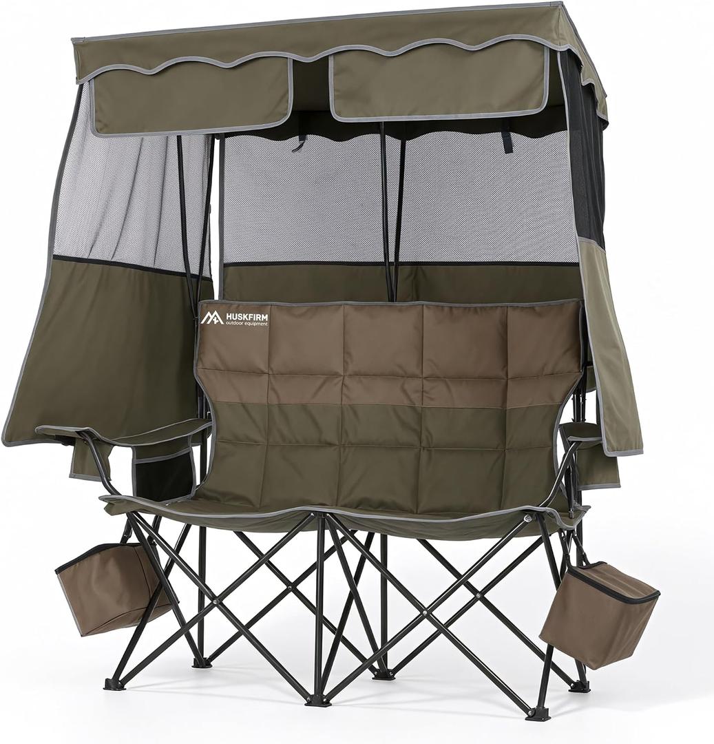 Padded Double Camping Chair With Canopy,Folding Chair Support 450LBS, Green