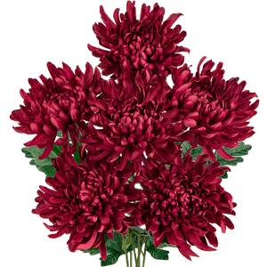6'' Large Artificial Chrysanthemum Flowers with 25.6'' Long Stem, 6 pcs Red Fake Silk Flowers Faux Spider Mums for Home Decor, Bridal, Wedding, Party, Floral Arrangement, Autumn Decorations