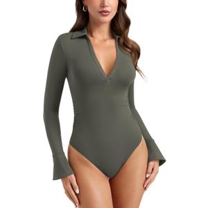 PINKMSTYLE Women Sexy V Neck Long Sleeve Bodysuit Slim Fit Ruched Going Out Y2K Top Flared Sleeve Collared Shirts Fall Outfit (Medium, Gray Green)