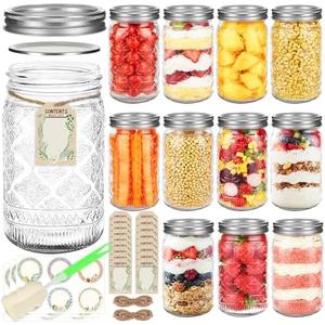 32 oz Mason Jars with Airtight Lids and Bands, 12-Pack with Wide Mouth, Rustic Stickers & Tags, Quart Glass Canning Jars for Pickling, Food Storage, Fermentation,Overnight Oats