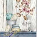 Bathroom Decor Wall Art Farmhouse Flower Pictures Laundry Room Bathroom Wall Decor Pink Poppy Vase Canvas Prints Blue White Painting Framed Artwork (16L" x 12W", F003)