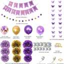 Purple Birthday Decorations for Women & Girls with Butterfly Hanging Garland, Happy Birthday Banner, Balloons, Paper Flowers & Cake Toppers