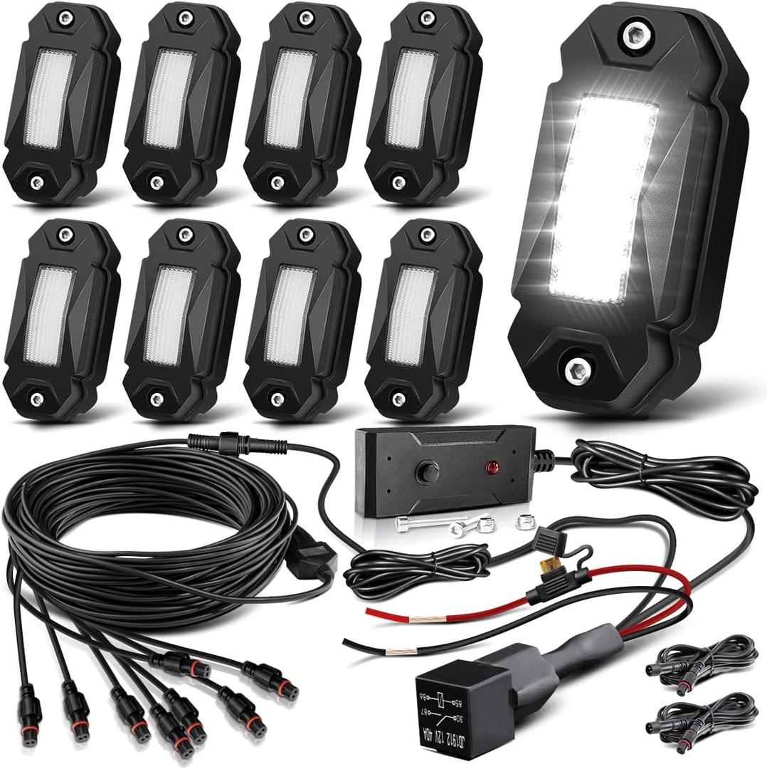 R2 LED White Rock Lights Kits 8PCS for Trucks UTV ATV SUV RZR Offroad Boat Car Plug and Play with Harness Switch Die-Cast Aluminum Waterproof Shockproof High Power Super Bright Rock Light