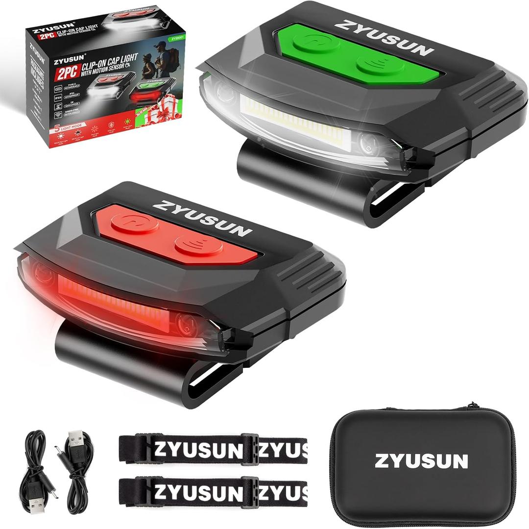 2-Pack Rechargeable Cap Light,Portable headlamps,Clip on Hat with Motion Sensor,Lightweight IPX4 Waterproof,White/Red/Green Night Vision LED Lights for Hunting Fishing Camping Hiking Cycling, Pocket Size