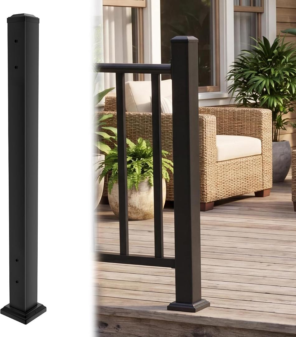 Metty Metal Deck Post,2.76 in. x 2.76 in. x 39 in Single Side Hole End Railing Terminal Post, with Screws Ending Support Post for Deck Porch Balcony Stair Railing System