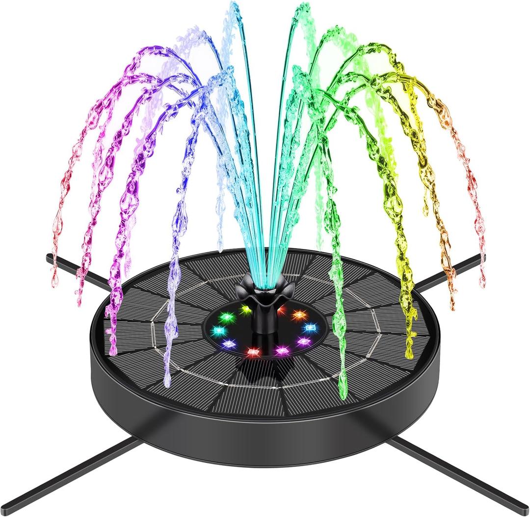 SEIRMEP Solar Fountain Pump with 3 Spray Height Adjustments, Upgraded Glass Solar Bird Bath Fountains with LED Lights,6 Nozzles,Outdoor Solar Water Fountain for Bird Bath, Garden, Pool, Pond (Black)