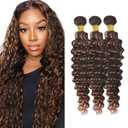 P4/30 Highlight Chocolate Bundles Human Hair Deep Wave Bundles 20 22 24 Inch Unprocessed Brazilian Virgin Hair Weave 3 Bundle Brown Human Hair Extensions 50 Grams Per Bundle