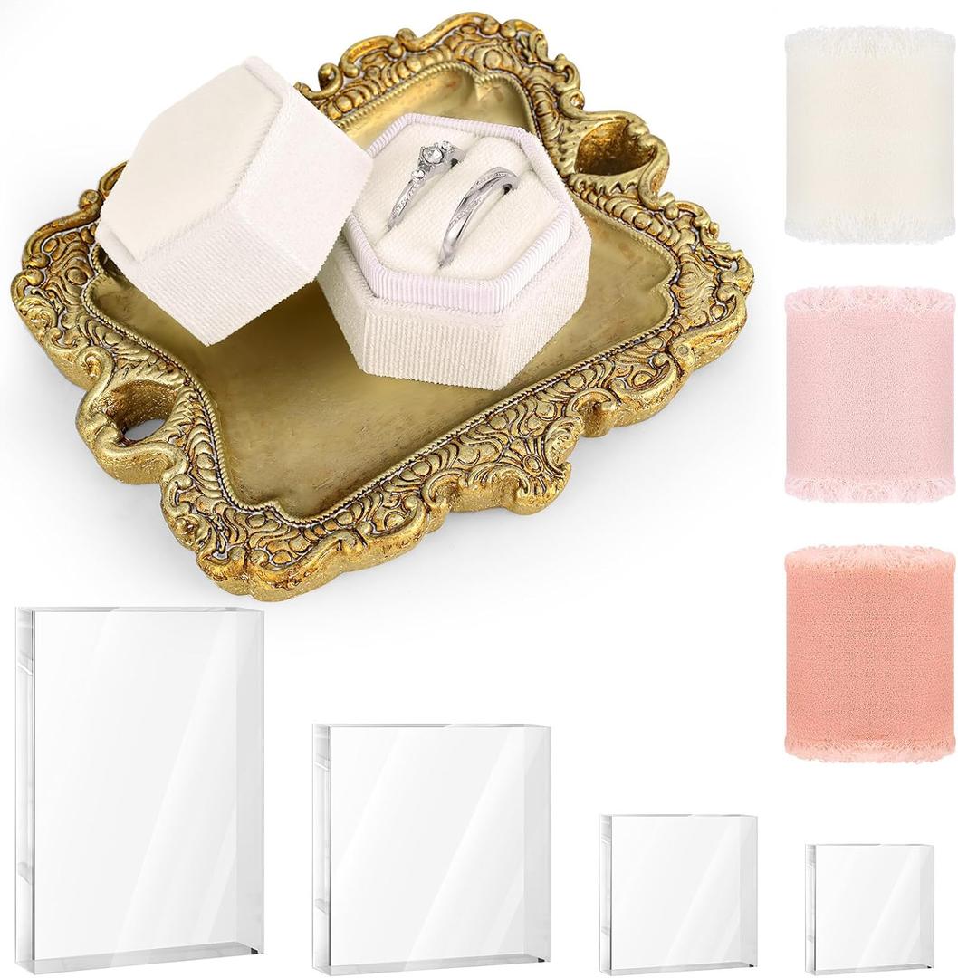 9 Pcs Flat Lay Props Set Include 1 Jewelry Dish 1 Ring Box 4 Acrylic Blocks Wedding Flat Lay Props 3 Chiffon Silk Ribbon for Bridal Party Photographer Detail Props Ceremony Antique Decor