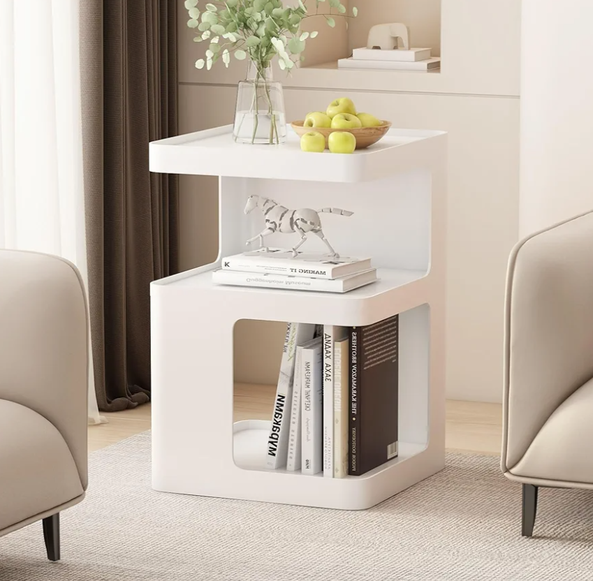 Off-White Modern Side Table with Storage, Metal End Table for Couch, Small Bedside Table for Living Room, Bedroom, No Assembly Required(13.8" D x 13.8" W x 21.2" H)
