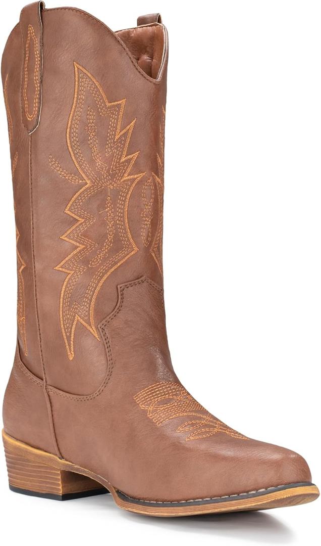 IUV Cowboy Boots For Women Western Boots Cowgirl Boots Pull On Pointy Toe Mid Calf Boots (8 Wide, Brown)