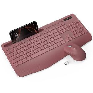 Wireless Keyboard and Mouse Combo - Full-Sized Ergonomic Keyboard with Wrist Rest, Phone Holder, Sleep Mode