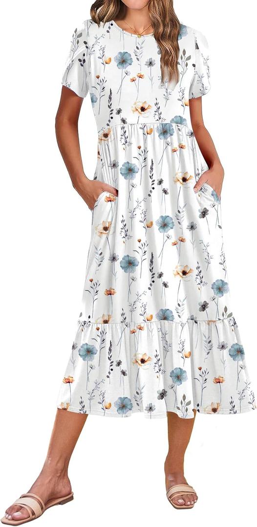Zeagoo Women Summer Midi A Line Dress Short Sleeve Casual Flowy Tiered Beach Long Sundress with Pockets 2026 Vacation Travel M
