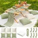 91 x 71 Extra Large Outdoor Boho White Picnic Blanket with Green Table Runner, 6 Napkins and 6 Throw Pillow Covers Table Decor for Beach Picnic Camp Wedding Party Birthday Baby Shower