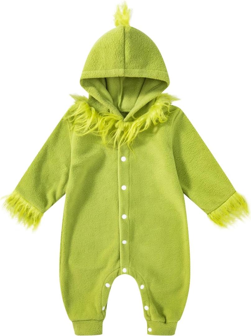 PROMOTED TO BIG SISTER Baby Boy Christmas Hooded Jumpsuit Furry Green Monster Costume (9-12 Months)