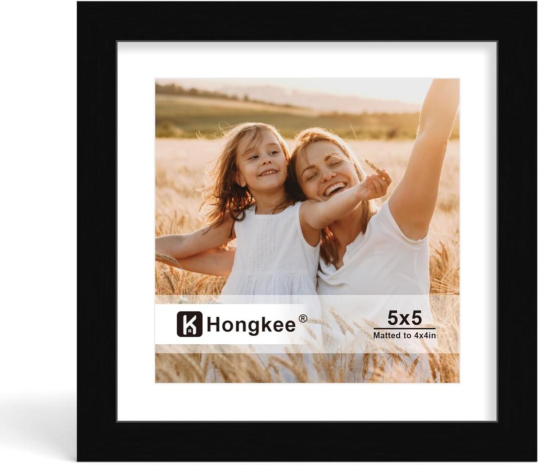 Hongkee 5x5 Picture Frame, Made of Solid Wood with Real Glass, Display Pictures 4x4 with Mat or 5 x 5 without Mat - Wall and Tabletop (Black, 1 Pack)