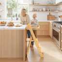 COSYLAND Foldi Foldable Toddler Kitchen Stool - Adjustable Height Toddler Standing Tower with Net & Safety Feet, IF Award-Winning Wooden Learning Step Tower for Kids Ages 18M-6Y, Natural