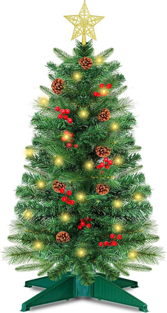 3 Ft Green Christmas Tree with Lights, Timer 8 Modes DIY 50 Warm White Lights Battery Operated Small Artificial Full Xmas Tree Pine Needles Cones Red Berry for Tabletop Home Indoor Holiday Party Decor