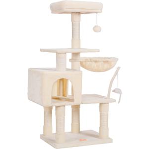 Heybly Cat Tree with Toy, Cat Tower Condo for Indoor Cats, Cat House with Padded Plush Perch, Cozy Hammock and Sisal Scratching Posts, Beige HCT004M