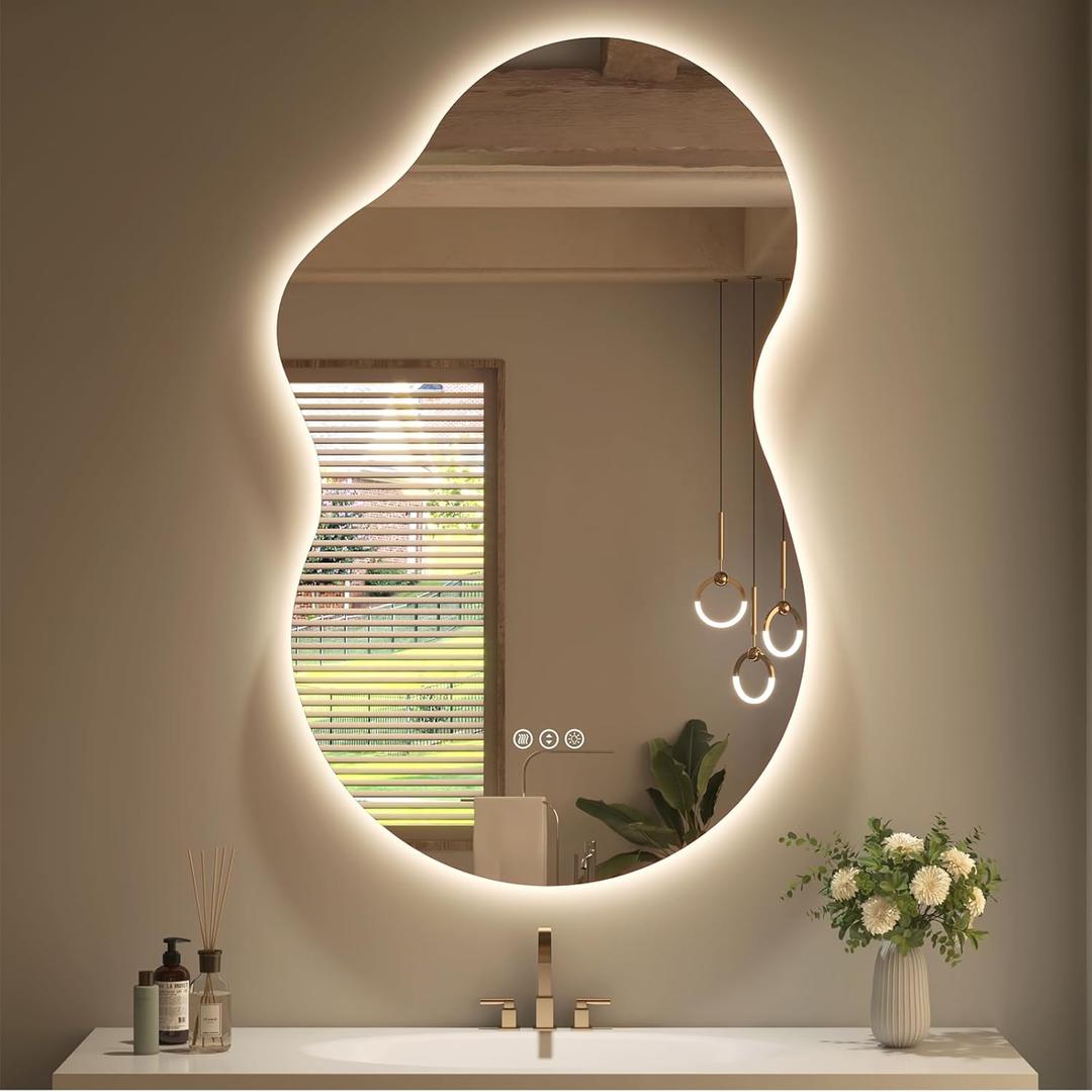SMIROR Irregular Backlit Bathroom Mirror with Lights 20 x 32, Asymmetrical Cloud Led Lighted Vanity Mirror for Wall, Anit-Fog, Dimmable, Memory Function (Horizontal/Vertical)