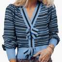 Saodimallsu Womens Striped Cropped Sweaters V Neck Cute Bow Tie Puff Sleeve Loose Knit Trendy Pullover Sweater