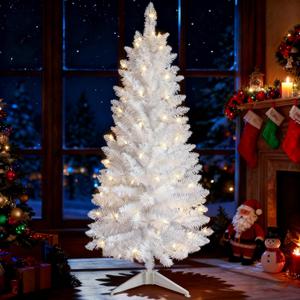 4ft Artificial Full White Christmas Tree with Separate Lights, Not Pre-lit Mini White Tinsel Pine Christmas Tree, 50 Lights, Small Xmas Tree for Home, Office, Party Decoration, Indoor