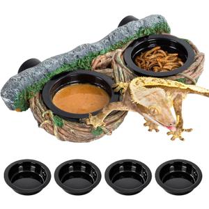 REPTI ZOO Magnetic Reptile Feeder Ledge, Gecko Feeder with 4 Cups, Hollow Vine Food Dish, Water Bowl for Lizard & Snake, Terrarium Accessories