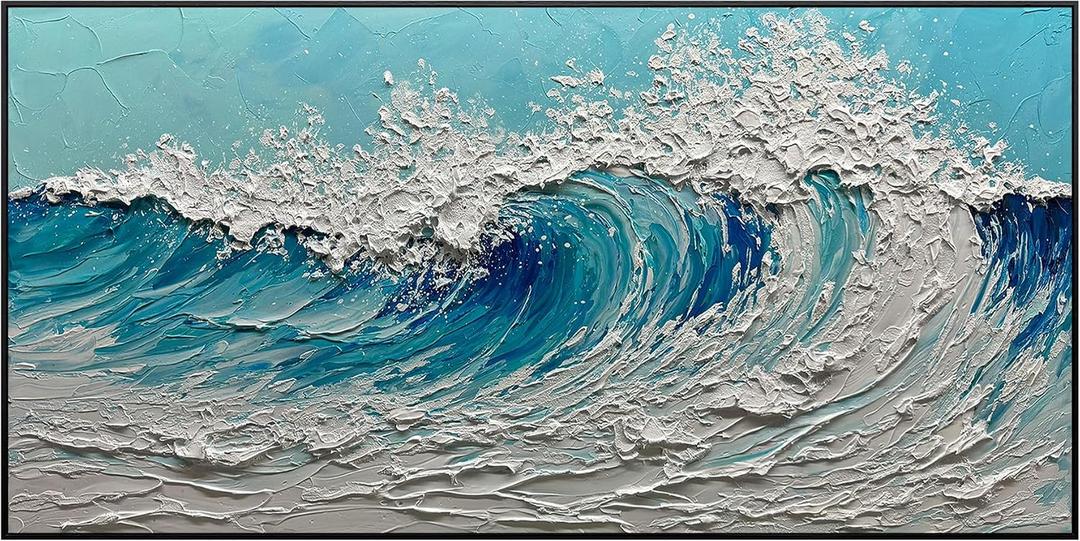 V-inspire 24 x 48 inches Ocean Wave Textured Canvas Wall Art, Modern Seascape Painting, Blue and White Coastal Decor