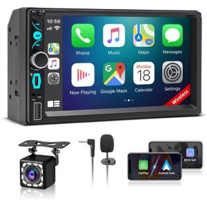 7" Wireless Double Din Car Stereo with Carplay, Android Auto, Bluetooth, Multimedia Car Audio Support Mirror Link, Backup Camera, FM/AM, HD Touchscreen, Aux Input Car Audio Receivers