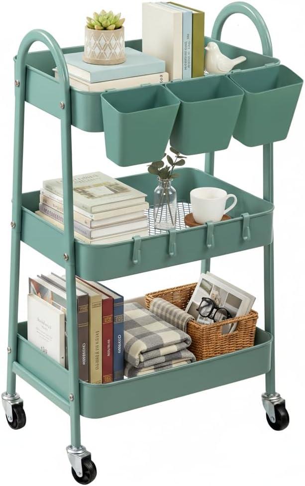 Danpinera 3-Tier Rolling Cart, Utility Cart Mobile Metal Rolling Storage Cart with Lockable Wheels & Hanging Cups & Hooks for Kitchen, Bathroom, Office, Workshop, Green