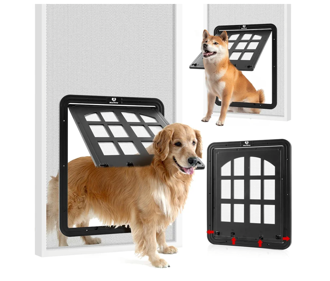 Large Dog Screen Door, 13 x 17 inches Flap Opening Dog Door for Screen Door with 4 Entry Ways, Magnetic Self-Closing Pet Screen Door for Dogs Cats, Black
