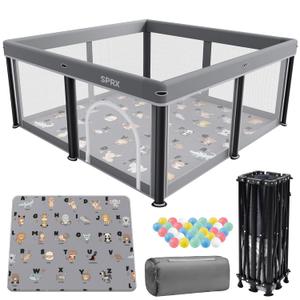 Foldable Baby Playpen with Mat,50"50" Collapsible Playpen for Babies and Toddlers,Indoor&Outdoor Kids Safety Play Pen,Portable Travel Playard with Travel Pack and 50 Ocean Balls (Grey)