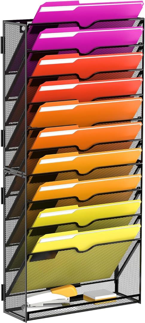 11-Tier Wall File Organizer, Wall File Holder Mesh Mail Organizer for Papers, Folders, Letters, Magazine Rack for Office Home Classroom, Black