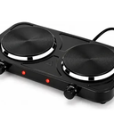 double-burner portable electric hot plate in its retail box labeled "HOT PLATE ELECTRIC COOKING 2200W