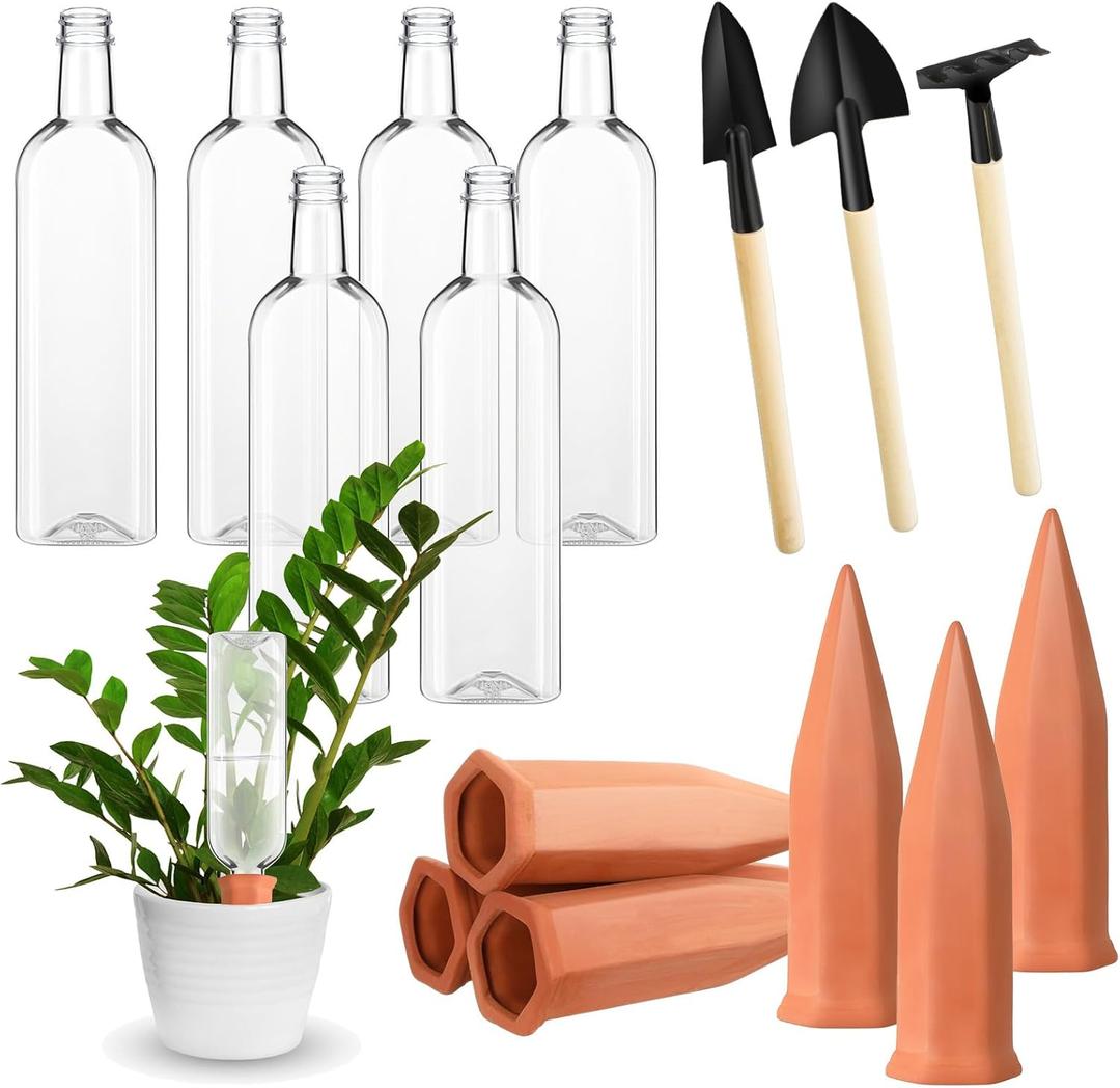 Baderke 6 Set Self Plant Watering Devices Include 6 Pcs Terracotta Watering Spikes 6 Pcs 25 oz Plastic Wine Bottles 1 Set Planting Tools Slow Release Plant Water Planter for Indoor Outdoor Plant