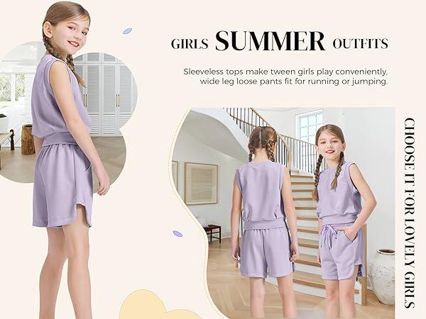 Handfrog Girls 2 Piece Outfits 2025 Trendy Clothes Summer Cute Sleeveless Tops Shorts Clothing Sets Activewear