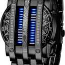 Binary Matrix Blue LED Digital Watch Mens Classic Creative Fashion Black Plated Wrist Watches (Black Blue)