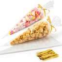 Labeol Cone Shaped Treat Bags 150pcs 7x14 Popcorn Clear Cellophane Bags for Treat Party Favor Candy Snack Goodie Triangle Plastic Gift Bags with Ties