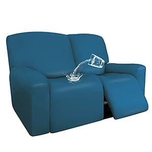 Easy-Going PU Leather Recliner Loveseat Slipcovers, Waterproof Stretch Sofa Covers, 6 Pieces Stretch Furniture Protector, Elastic Strap Shield Pets Kids Children Cats Dogs Peacock Blue (Medium)