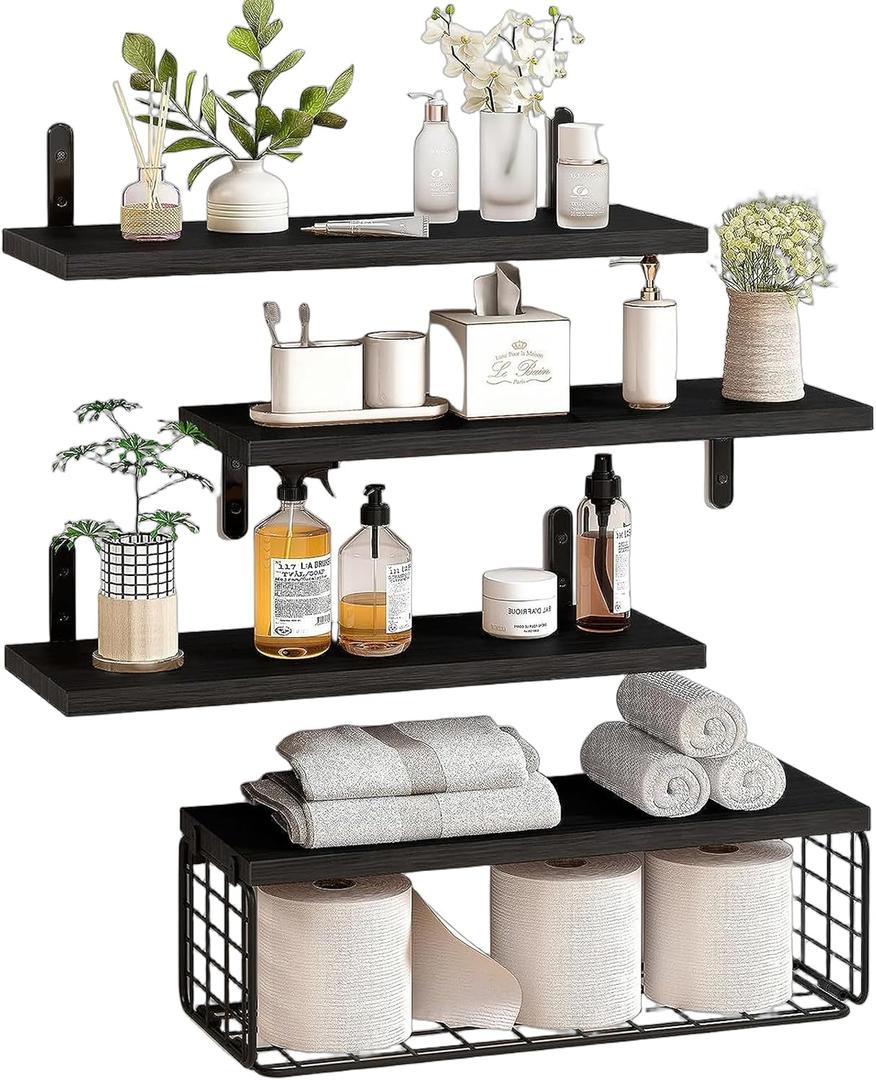 Wood Floating Shelves Bathroom Wall Mounted, 4PCS Floating Shelves with Storage Basket for Room Decor and Over Toilet, Kitchen, Living Room, Picture Ledge (Black)