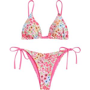 ZAFUL Women's Triangle Bikini Floral String Bikini Set Two Piece Swimsuit Bathing Suits (2-Coral ,Pink, Small)