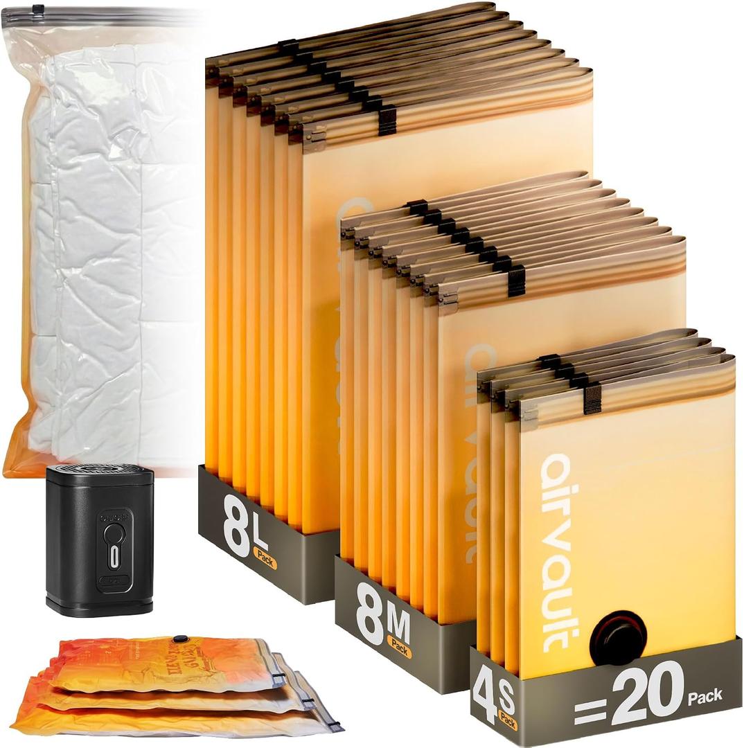 AirVault Vacuum Storage Bags for Travel & Home - Space Saver Compression Packing Bags Set for Clothes, Blankets & Seasonal Storage, Small (4), Medium (8), Large (8) (Orange,20-Pack Combo)