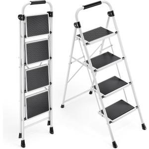 KINGRACK 4 Step Ladder, Folding Step Stool with Anti-Slip and Wide Pedal, Lightweight Stepladder with Handrails, Portable for Kitchen, Household, White